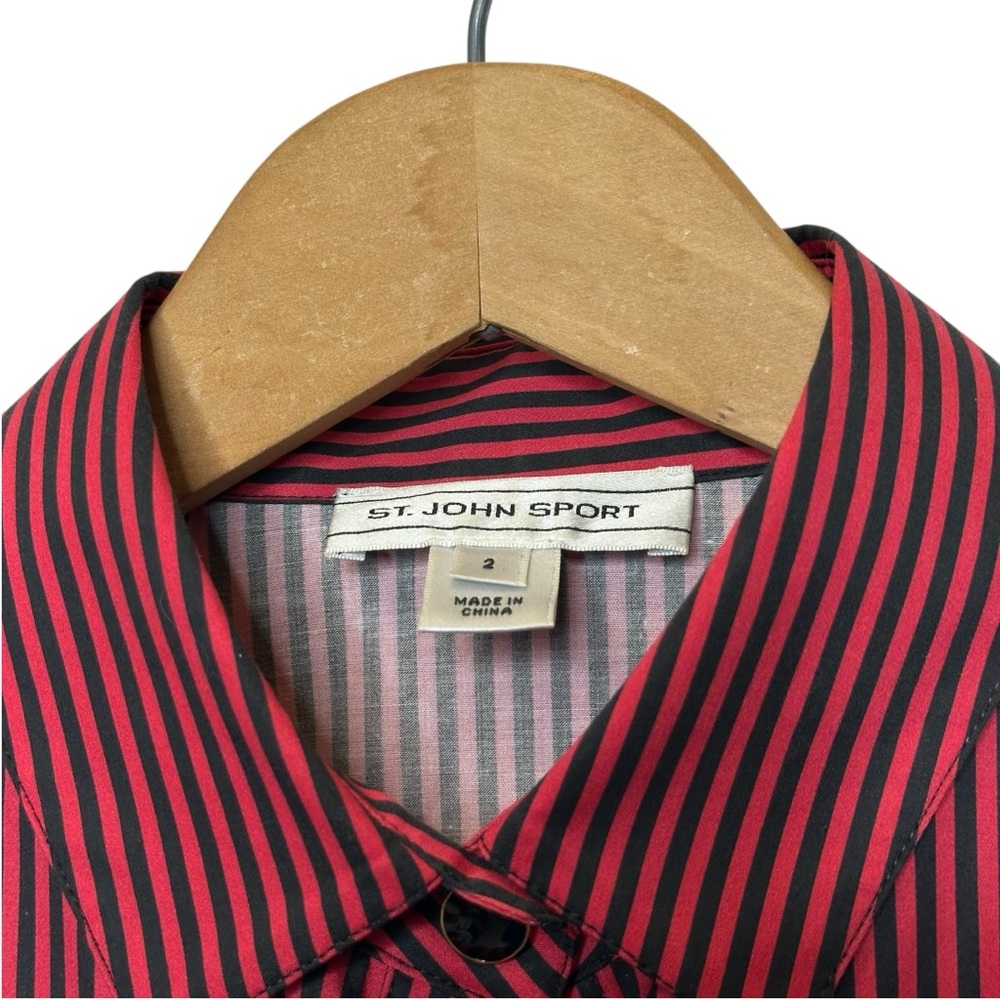 ST. JOHN SPORT Black & Red Stripe Button Down Long Sleeve Top Size 2 - Picture 12 of 13
